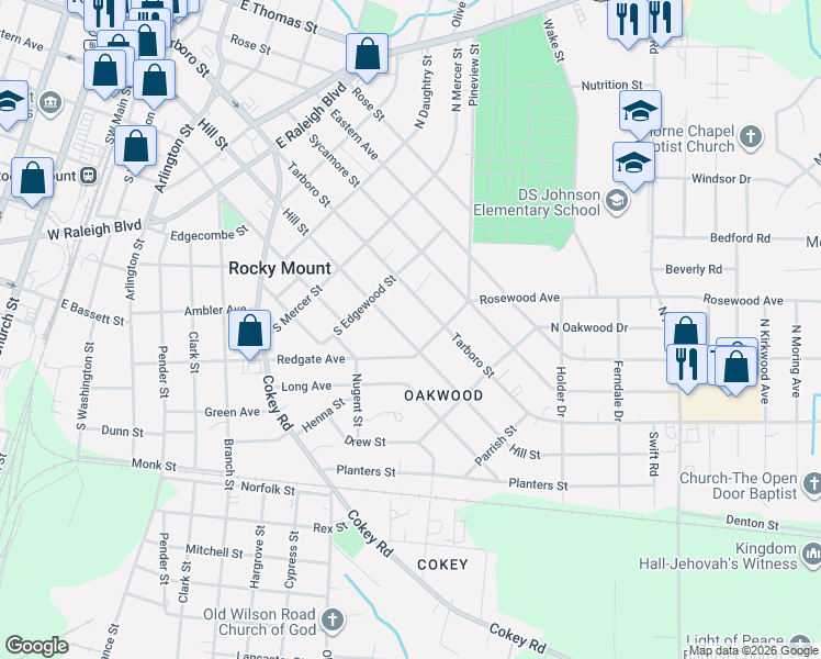map of restaurants, bars, coffee shops, grocery stores, and more near 945 Hill Street in Rocky Mount