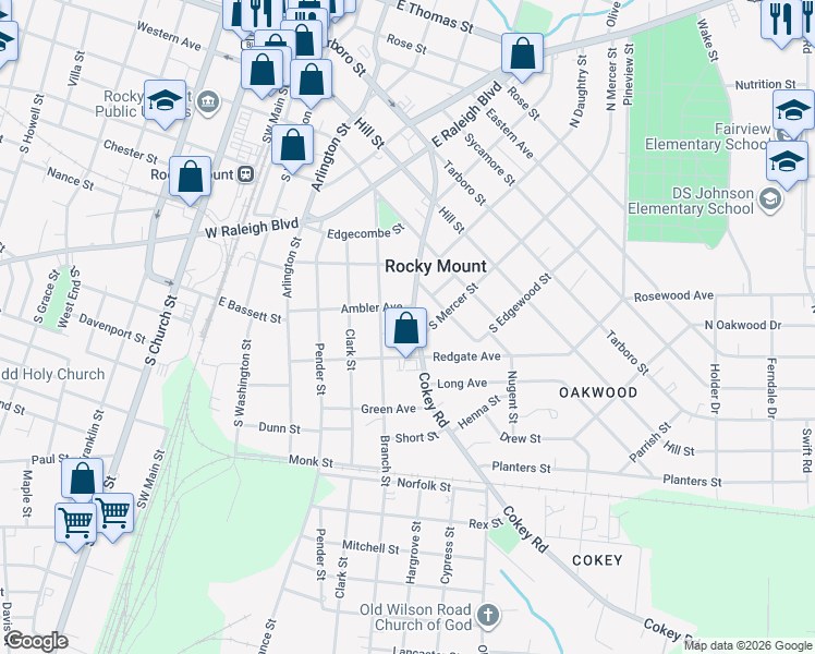 map of restaurants, bars, coffee shops, grocery stores, and more near 540 Cokey Road in Rocky Mount