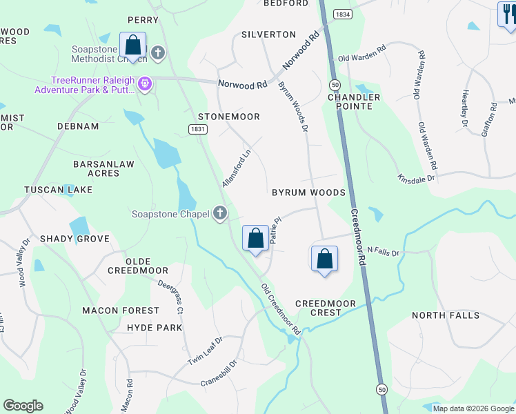 map of restaurants, bars, coffee shops, grocery stores, and more near 2812 Patrie Place in Raleigh