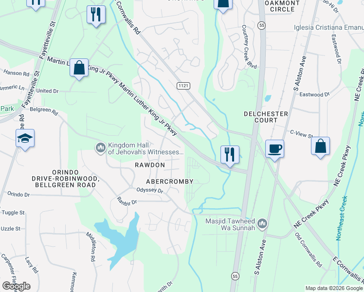map of restaurants, bars, coffee shops, grocery stores, and more near 251 Martin Luther King Junior Parkway in Durham