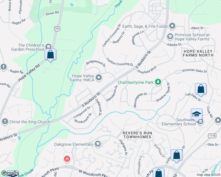map of restaurants, bars, coffee shops, grocery stores, and more near 4903 Glendarion Drive in Durham