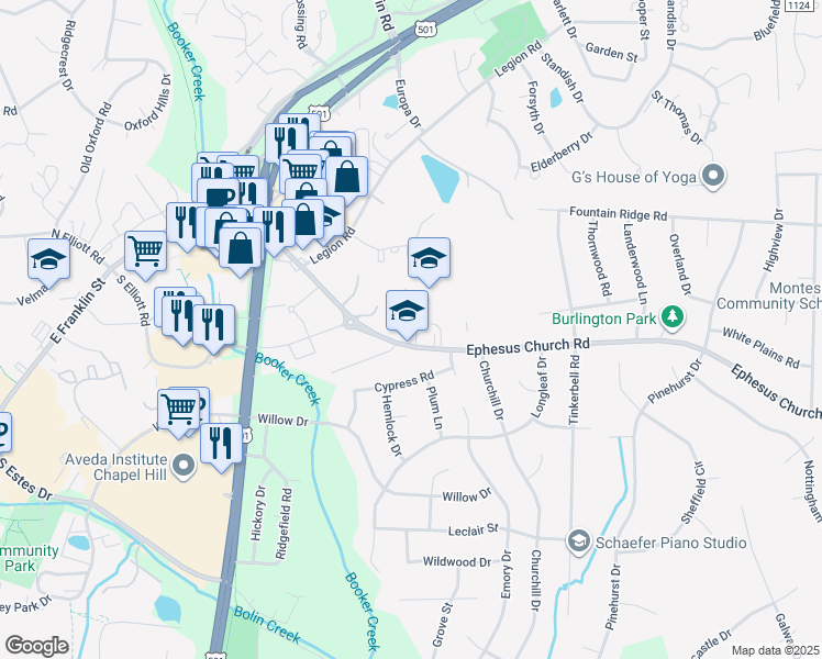 map of restaurants, bars, coffee shops, grocery stores, and more near 1477 Ephesus Church Road in Chapel Hill