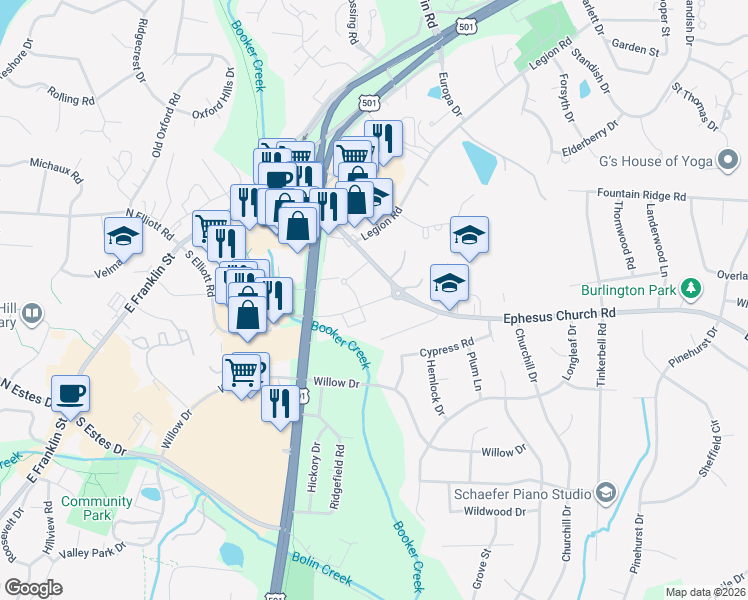 map of restaurants, bars, coffee shops, grocery stores, and more near 1250 Ephesus Church Road in Chapel Hill