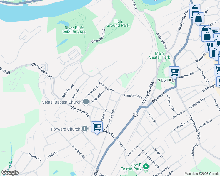 map of restaurants, bars, coffee shops, grocery stores, and more near 1104 England Drive in Knoxville