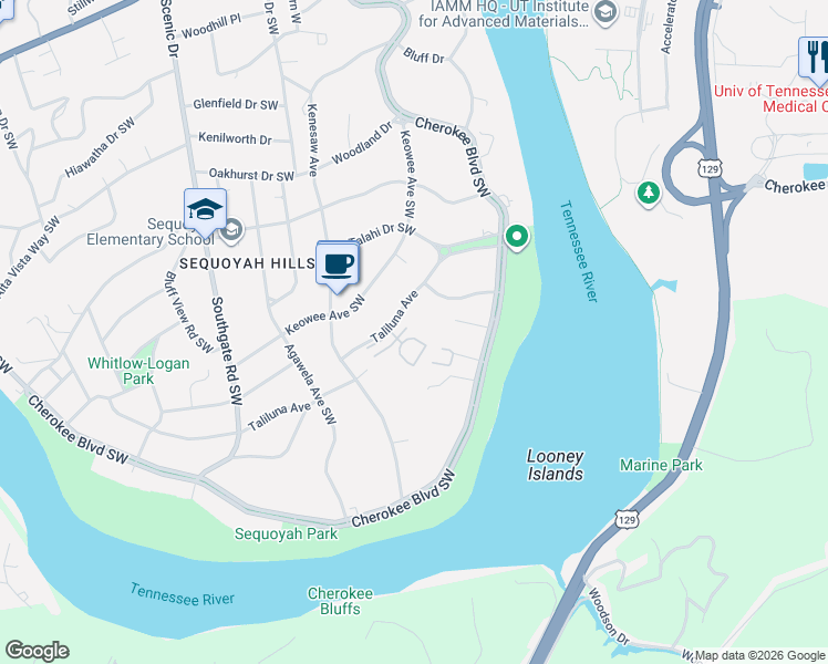 map of restaurants, bars, coffee shops, grocery stores, and more near 3636 Taliluna Avenue in Knoxville