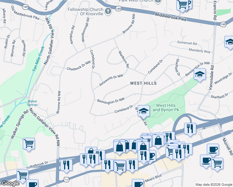 map of restaurants, bars, coffee shops, grocery stores, and more near 8209 Bennington Drive Northwest in Knoxville