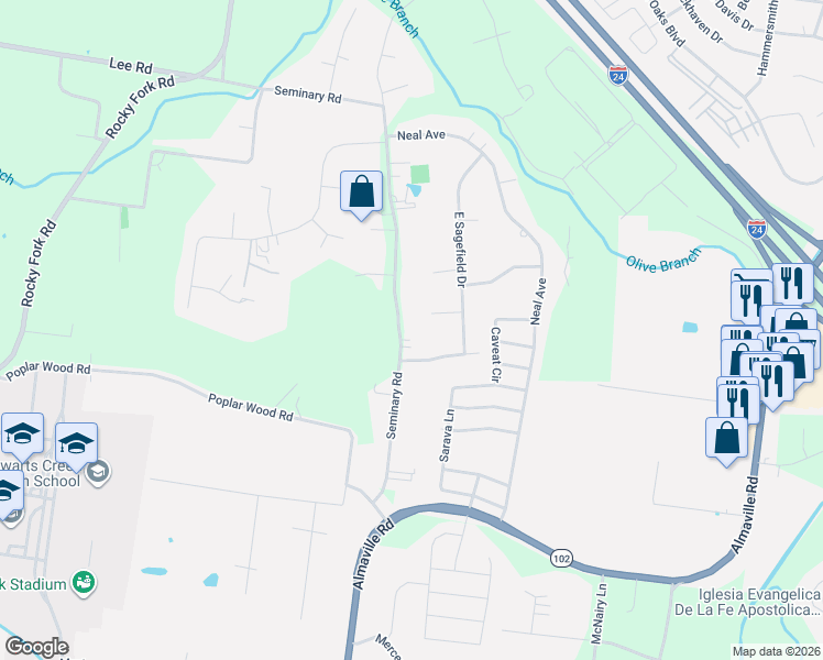 map of restaurants, bars, coffee shops, grocery stores, and more near 101 Bluegrass Drive in Smyrna