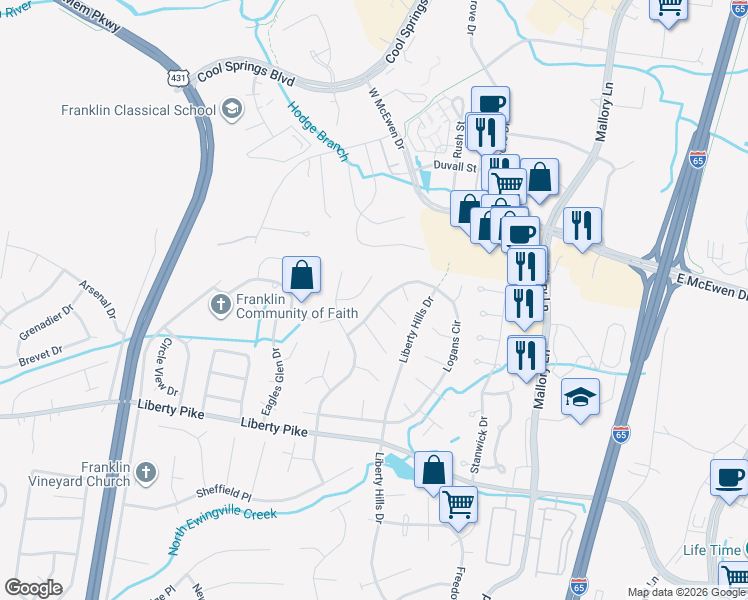 map of restaurants, bars, coffee shops, grocery stores, and more near 451 Logans Circle in Franklin