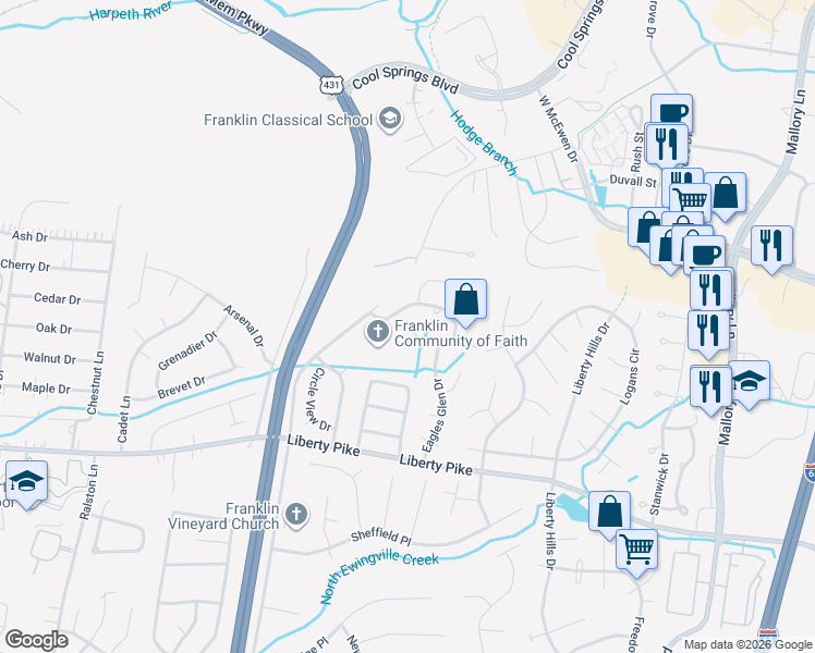 map of restaurants, bars, coffee shops, grocery stores, and more near 513 Foxcroft Circle in Franklin
