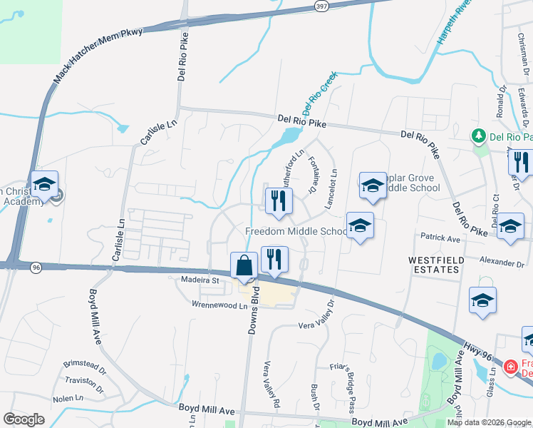 map of restaurants, bars, coffee shops, grocery stores, and more near 104 Lancelot Lane in Franklin
