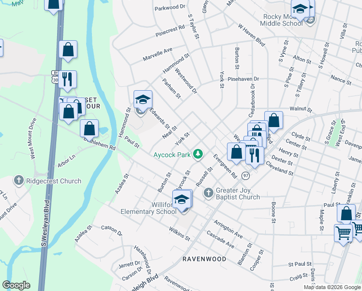 map of restaurants, bars, coffee shops, grocery stores, and more near 1204 Burton Street in Rocky Mount