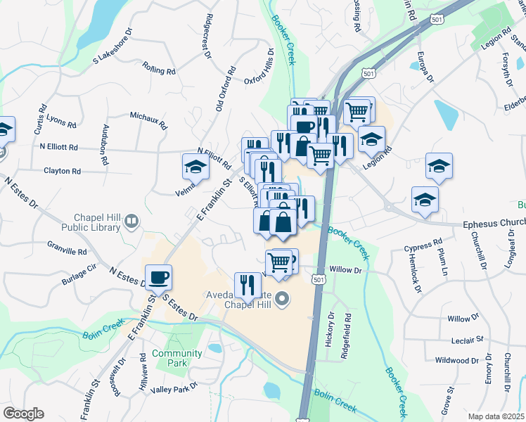 map of restaurants, bars, coffee shops, grocery stores, and more near 201 South Elliott Road in Chapel Hill