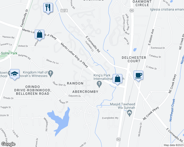 map of restaurants, bars, coffee shops, grocery stores, and more near 3437 Balfour East in Durham