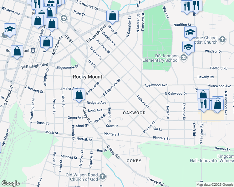 map of restaurants, bars, coffee shops, grocery stores, and more near in Rocky Mount