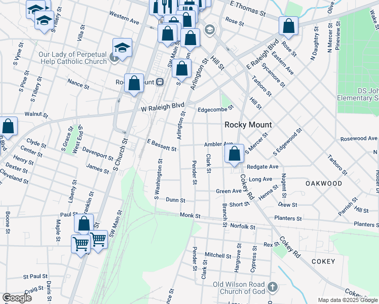 map of restaurants, bars, coffee shops, grocery stores, and more near 708 Pender Street in Rocky Mount