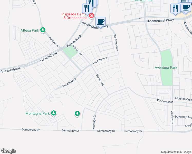 map of restaurants, bars, coffee shops, grocery stores, and more near 2621 Via Monet in Henderson