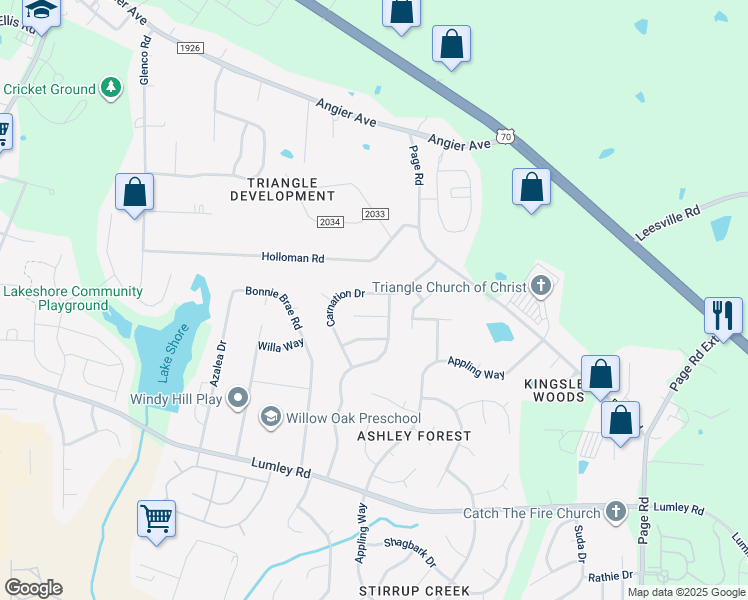map of restaurants, bars, coffee shops, grocery stores, and more near 1805 Carnation Drive in Durham
