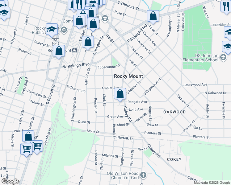 map of restaurants, bars, coffee shops, grocery stores, and more near 540 Cokey Road in Rocky Mount