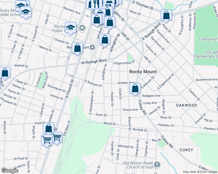 map of restaurants, bars, coffee shops, grocery stores, and more near 731 Pender Street in Rocky Mount