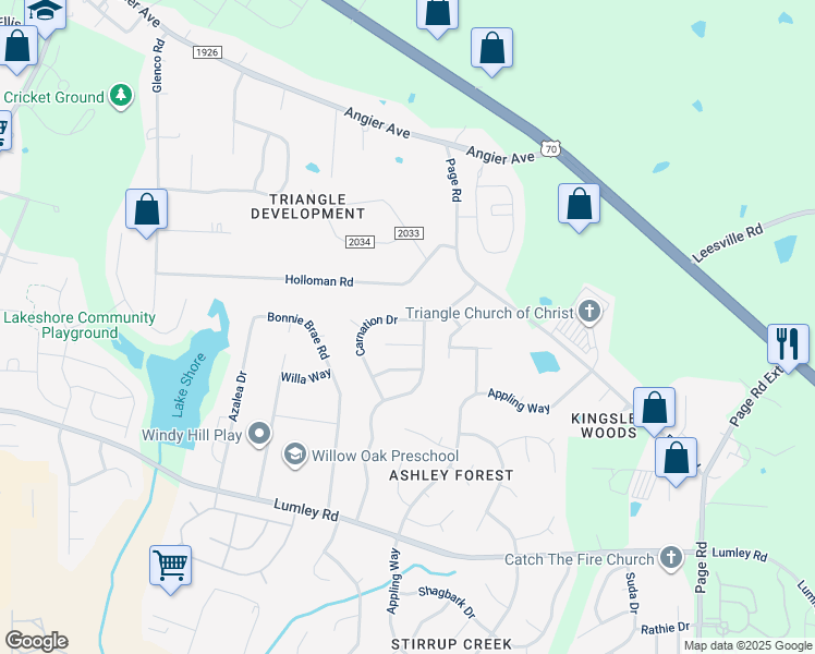 map of restaurants, bars, coffee shops, grocery stores, and more near 1805 Carnation Drive in Durham