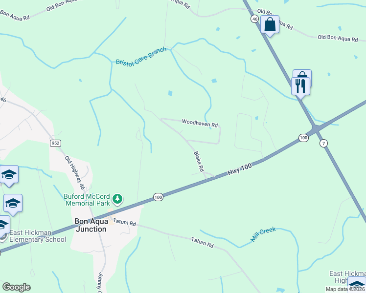map of restaurants, bars, coffee shops, grocery stores, and more near 1133 Blake Road in Lyles