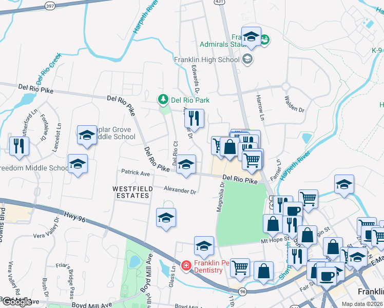 map of restaurants, bars, coffee shops, grocery stores, and more near 813 Del Rio Pike in Franklin