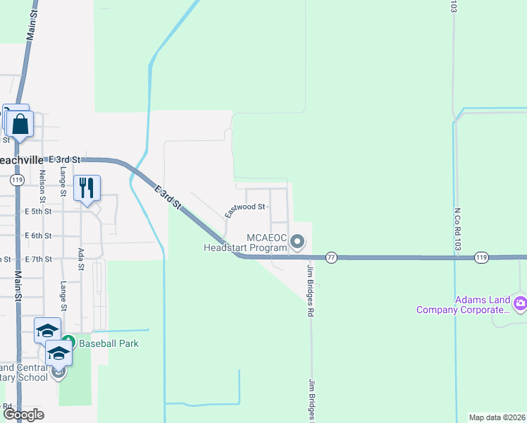 map of restaurants, bars, coffee shops, grocery stores, and more near 505 Thurmond Street in Leachville