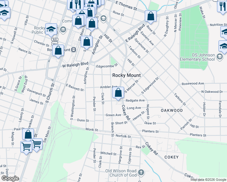 map of restaurants, bars, coffee shops, grocery stores, and more near 540 Cokey Road in Rocky Mount
