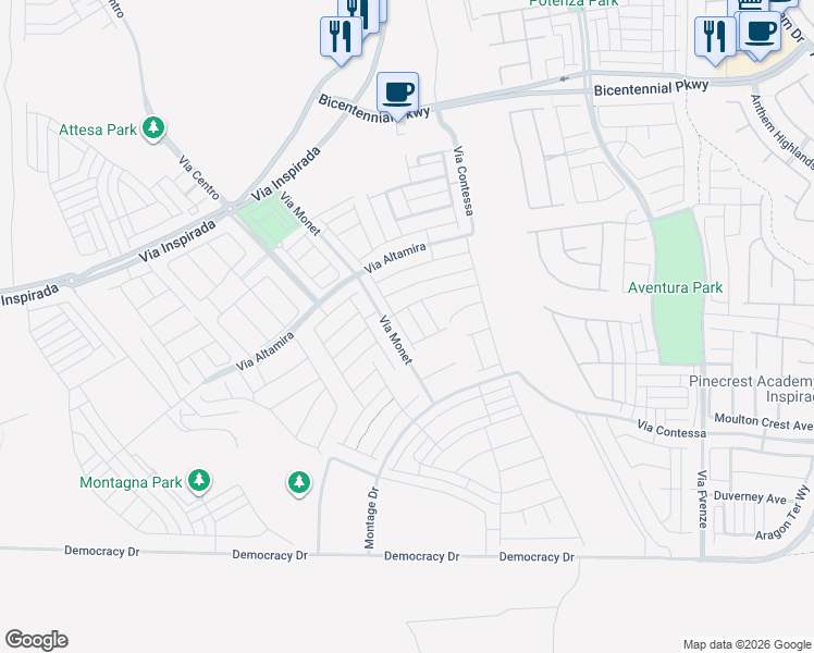 map of restaurants, bars, coffee shops, grocery stores, and more near 2645 Via Monet in Henderson