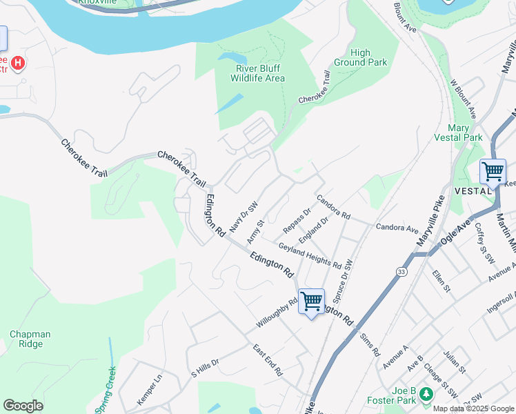 map of restaurants, bars, coffee shops, grocery stores, and more near 1200 Navy Drive Southwest in Knoxville