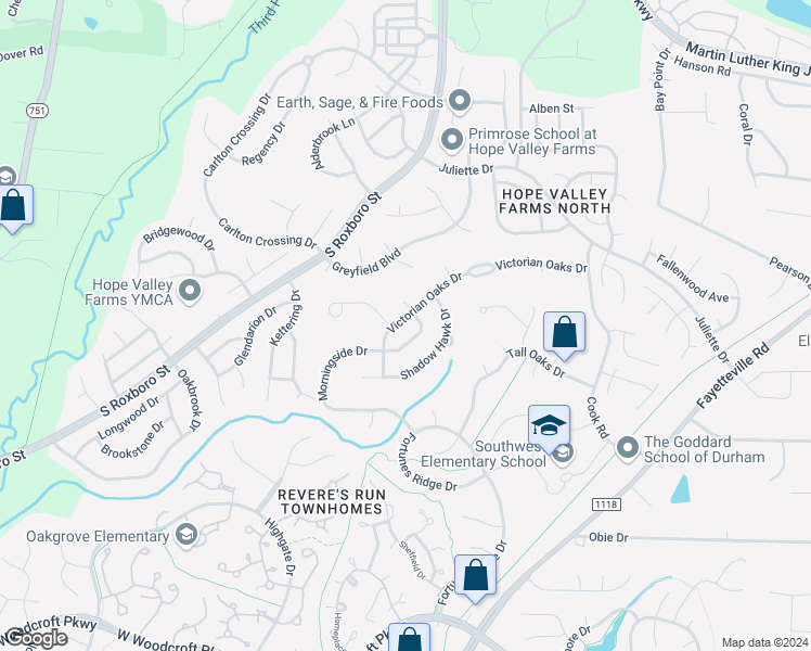 map of restaurants, bars, coffee shops, grocery stores, and more near 176 Victorian Oaks Drive in Durham