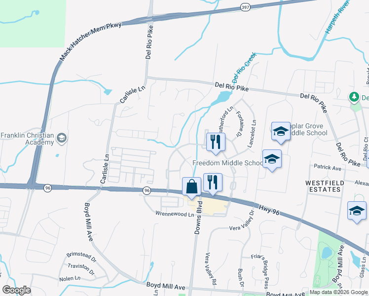 map of restaurants, bars, coffee shops, grocery stores, and more near 605 Founders Pointe Boulevard in Franklin