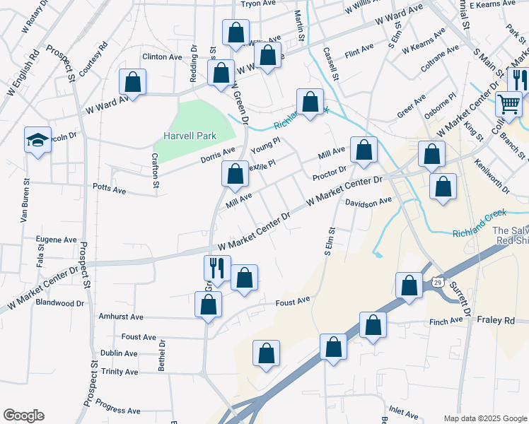 map of restaurants, bars, coffee shops, grocery stores, and more near 1600 Walker Place in High Point