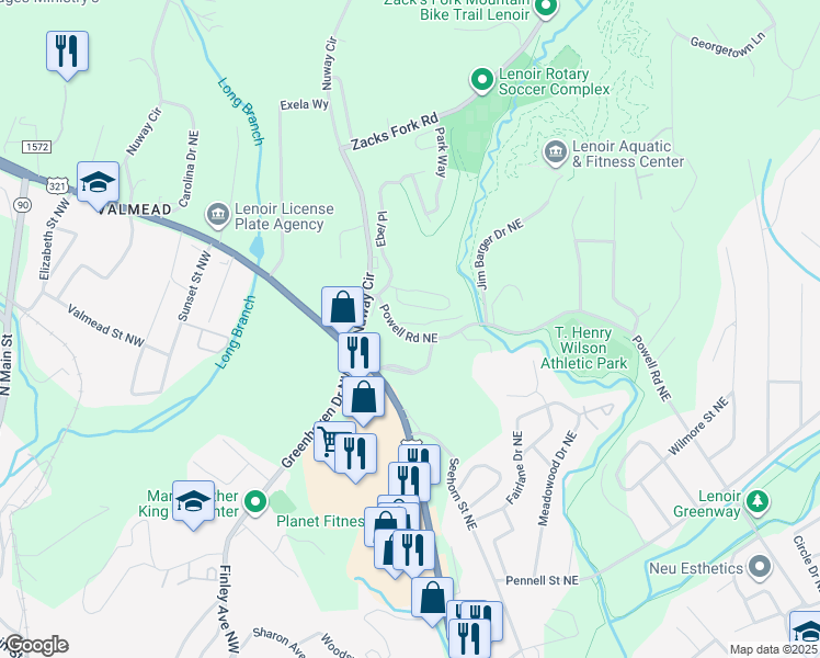 map of restaurants, bars, coffee shops, grocery stores, and more near 1211 Wexford Village Circle Northeast in Lenoir