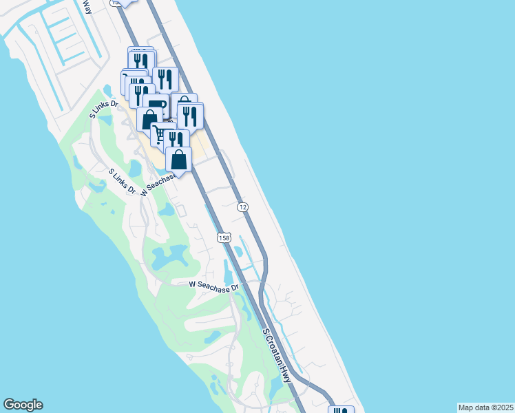 map of restaurants, bars, coffee shops, grocery stores, and more near 208 East Hawks Nest Court in Nags Head