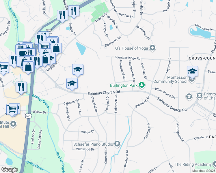 map of restaurants, bars, coffee shops, grocery stores, and more near 1541 Ferrell Road in Chapel Hill