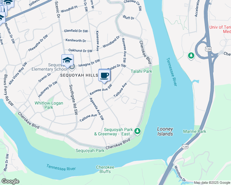 map of restaurants, bars, coffee shops, grocery stores, and more near 1180 Keowee Avenue Southwest in Knoxville