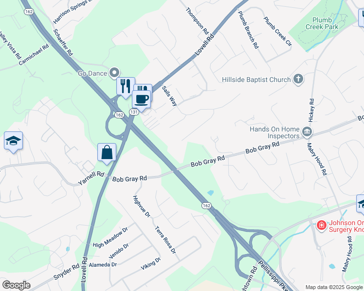 map of restaurants, bars, coffee shops, grocery stores, and more near 10606 Missoula Way in Knoxville