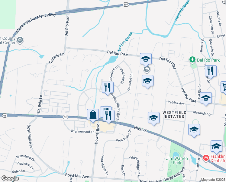 map of restaurants, bars, coffee shops, grocery stores, and more near 508 Sharpe Drive in Franklin