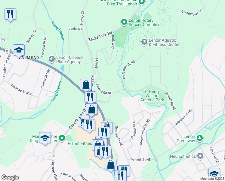 map of restaurants, bars, coffee shops, grocery stores, and more near 1236 Wexford Village Circle Northeast in Lenoir