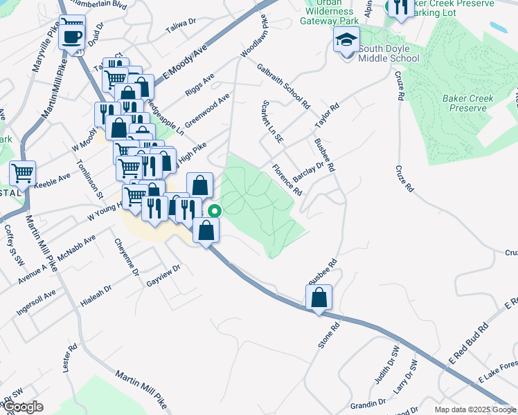 map of restaurants, bars, coffee shops, grocery stores, and more near 4500 Woodlawn Pike in Knoxville