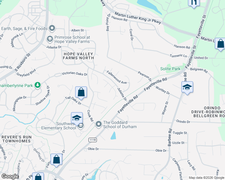 map of restaurants, bars, coffee shops, grocery stores, and more near 3 Sugar Creek Court in Durham