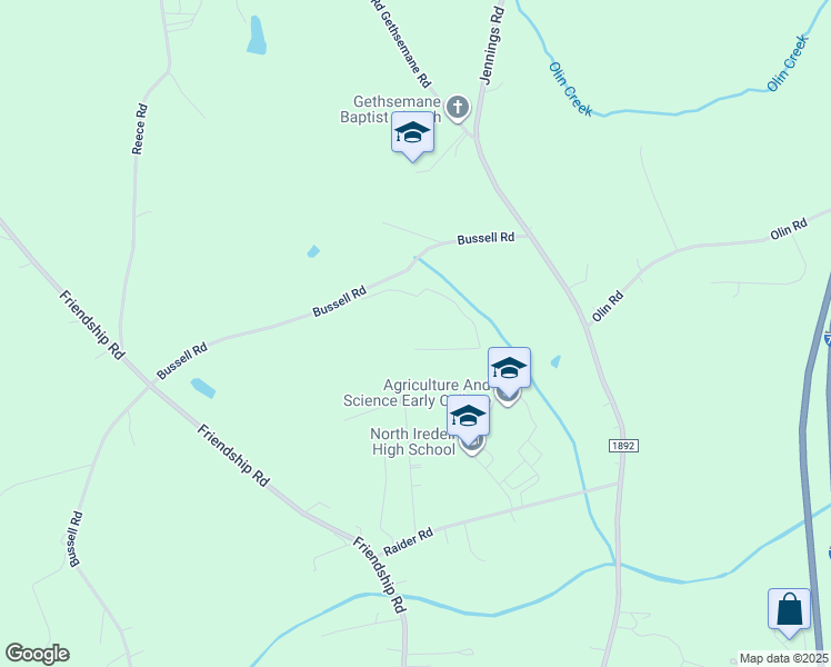 map of restaurants, bars, coffee shops, grocery stores, and more near 612 Bussell Road in Olin