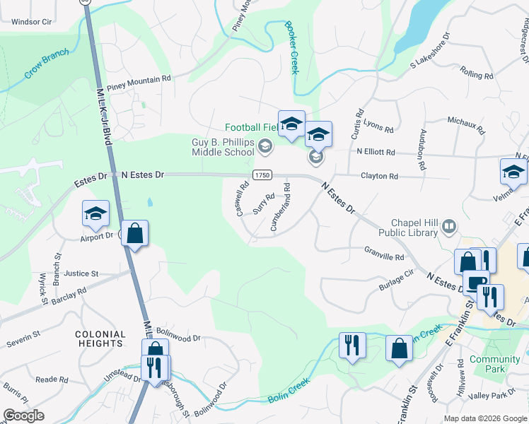 map of restaurants, bars, coffee shops, grocery stores, and more near 609 Surry Road in Chapel Hill