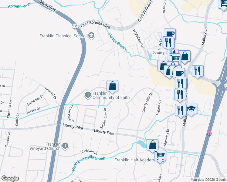 map of restaurants, bars, coffee shops, grocery stores, and more near 614 Gleneagle Lane in Franklin