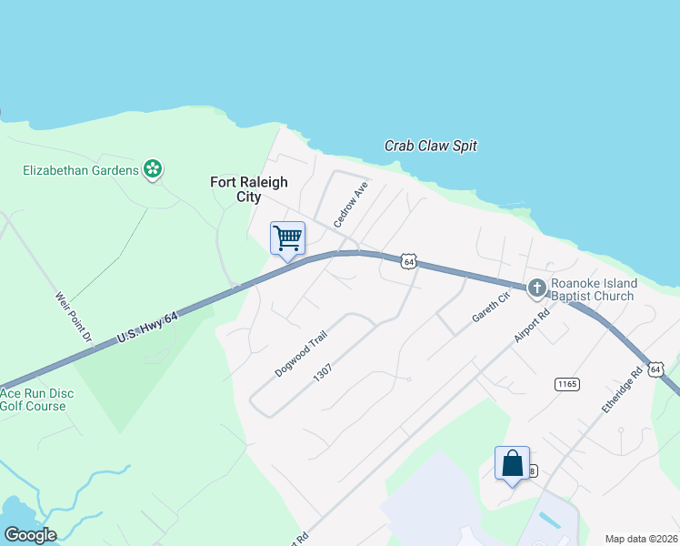 map of restaurants, bars, coffee shops, grocery stores, and more near 1318 U.S. Highway 64 in Manteo