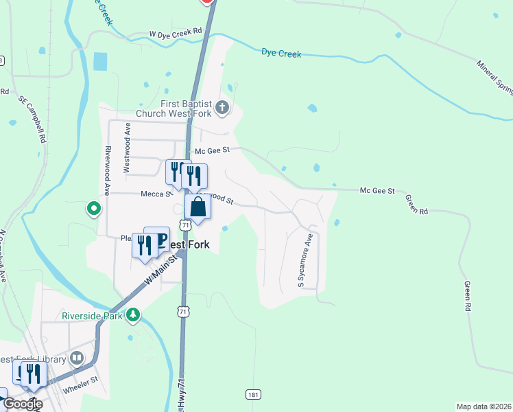 map of restaurants, bars, coffee shops, grocery stores, and more near 133 Dogwood Street in West Fork