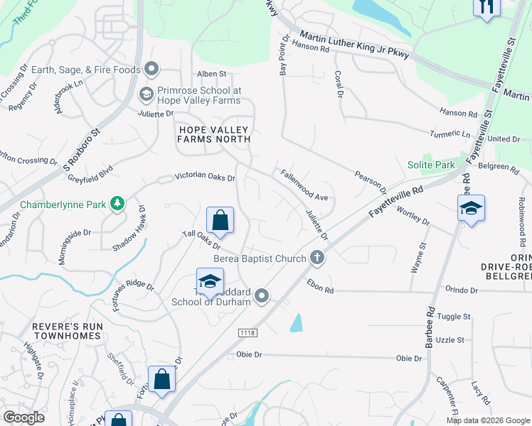 map of restaurants, bars, coffee shops, grocery stores, and more near 27 Tinsbury Place in Durham