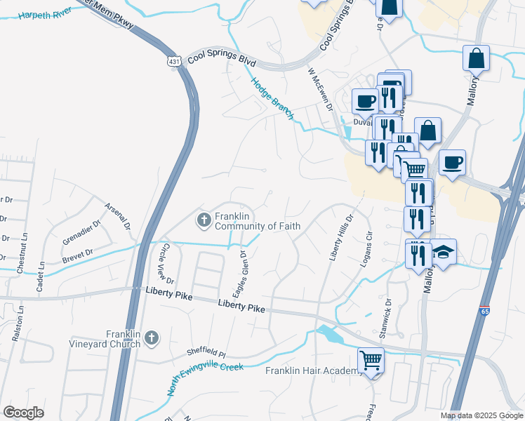 map of restaurants, bars, coffee shops, grocery stores, and more near 614 Gleneagle Lane in Franklin
