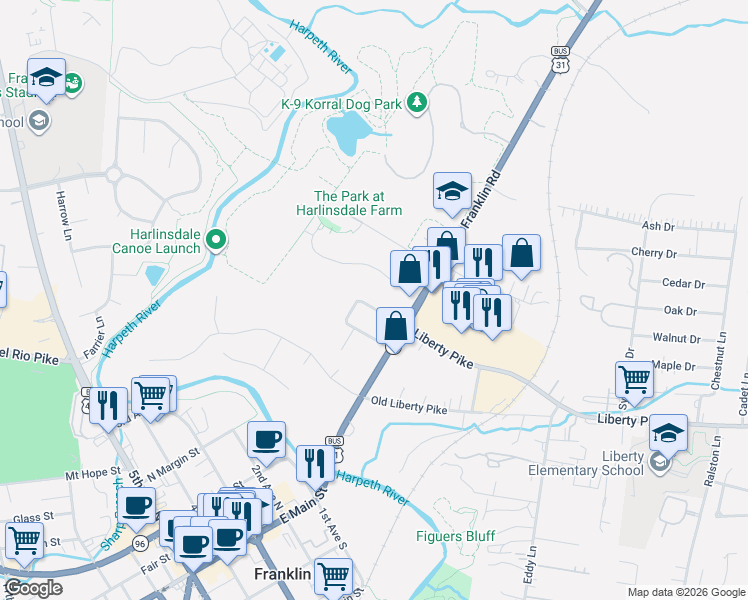 map of restaurants, bars, coffee shops, grocery stores, and more near 118 Winslow Road in Franklin